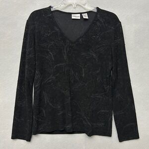 Chico's Liquid Knit Top Women's 1 Black Sparkle Floral Special Occasion Event